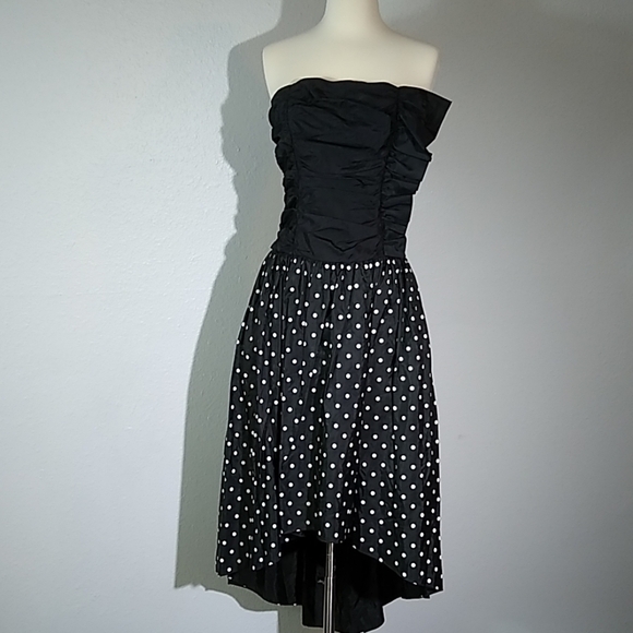 Gunne Sax by Jessica McClintock 80s Black White Polka Dot Strapless Witchy  Dress